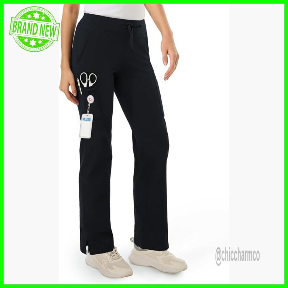 Petite High Waist Stretch Scrub Pants 5 Pockets Straight Leg Workwear